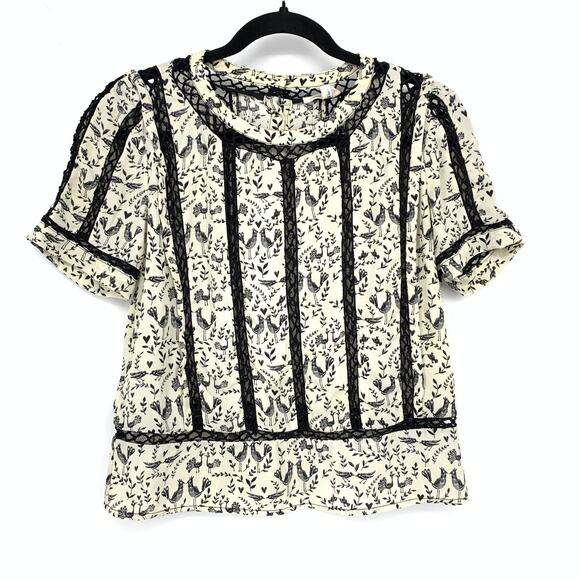 Anthropologie Meadow Rue Blouse Womens Sz XSP Black Cream Floral Lace Inset - Picture 1 of 6